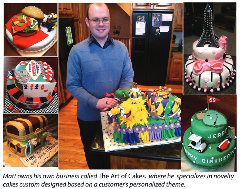 Matt owns his own business called The Art of Cakes,  where he  specializes in novelty  cakes custom designed based on a customer’s personalized theme.